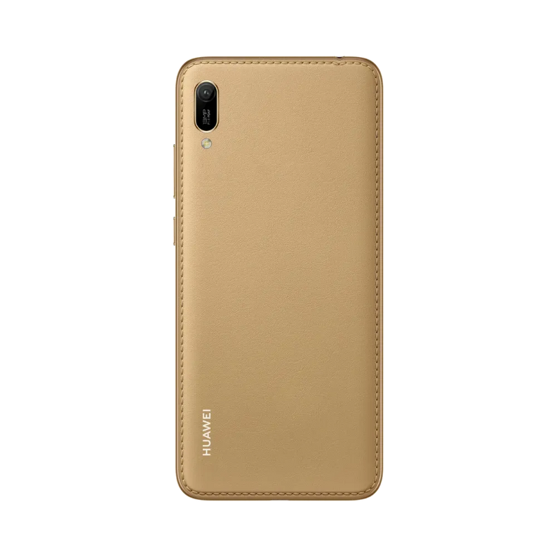Huawei Y6 2019 doré vu de dos en position verticale, simple caméra arrière avec flash visible en haut à gauche, image optimisée pour réparations vitre arrière et remplacement caméra chez iTelier Lyon.