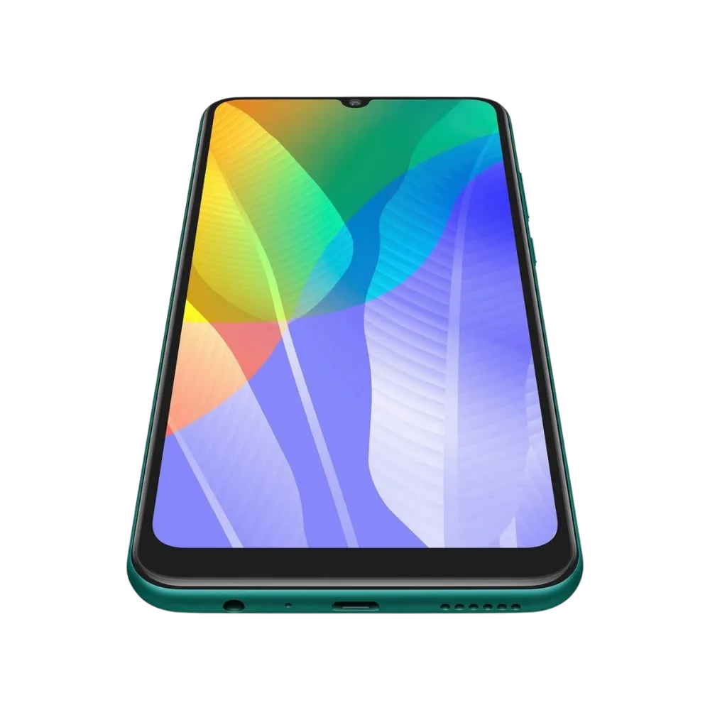 Huawei Y6p vert vu de face en position inclinée horizontale, écran coloré orienté vers le haut, idéal pour mettre en avant réparations écran et remplacement batterie chez iTelier Lyon.