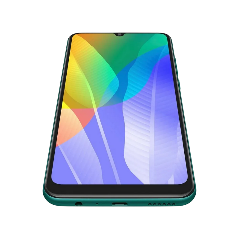 Huawei Y6p vert vu de face en position inclinée horizontale, écran coloré orienté vers le haut, idéal pour mettre en avant réparations écran et remplacement batterie chez iTelier Lyon.