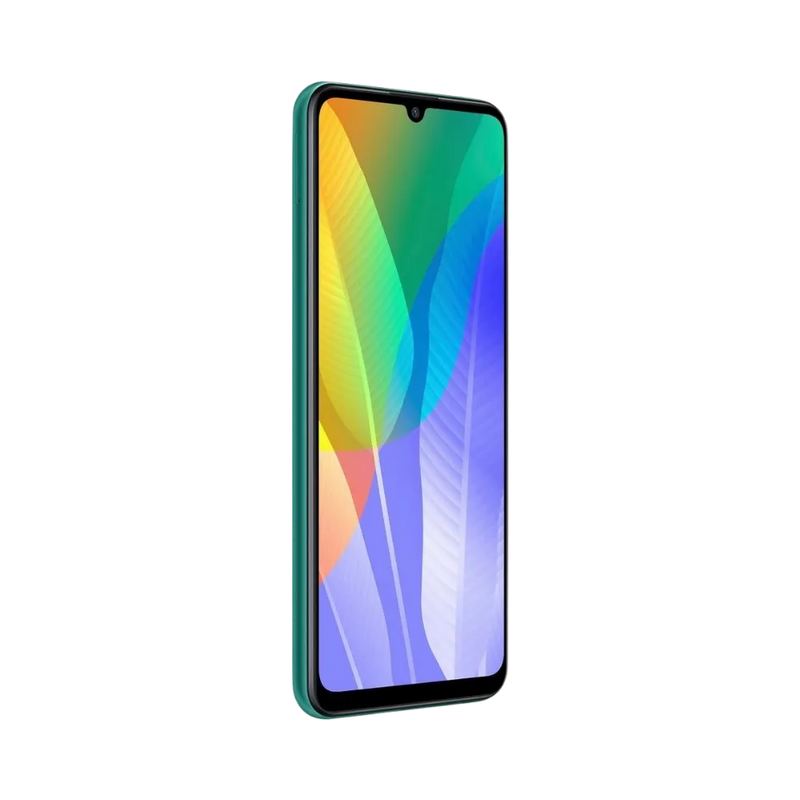 Huawei Y6p vert en position verticale, écran lumineux avec fond dégradé multicolore, image optimisée pour illustrer réparation écran et diagnostic gratuit chez iTelier Lyon.
