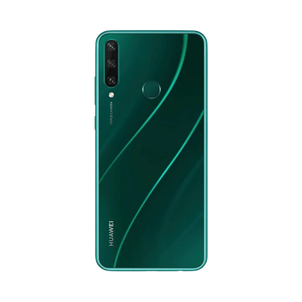Huawei Y6p vert vu de dos en position verticale, triple caméra arrière alignée à gauche et lecteur d’empreinte centré, idéal pour réparations vitre arrière et remplacement caméra chez iTelier Lyon.