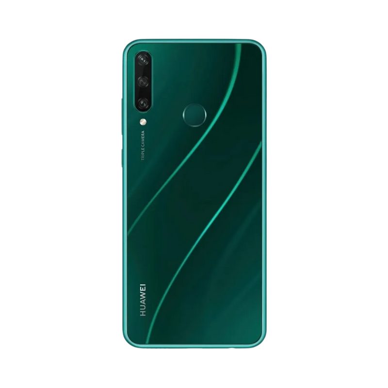 Huawei Y6p vert vu de dos en position verticale, triple caméra arrière alignée à gauche et lecteur d’empreinte centré, idéal pour réparations vitre arrière et remplacement caméra chez iTelier Lyon.