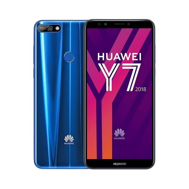 Huawei Y7 2018 bleu affiché de face et de dos côte à côte, écran allumé avec logo HUAWEI Y7 sur fond violet, double caméra arrière horizontale et lecteur d’empreinte visibles, idéal pour réparations écran et vitre arrière chez iTelier Lyon.