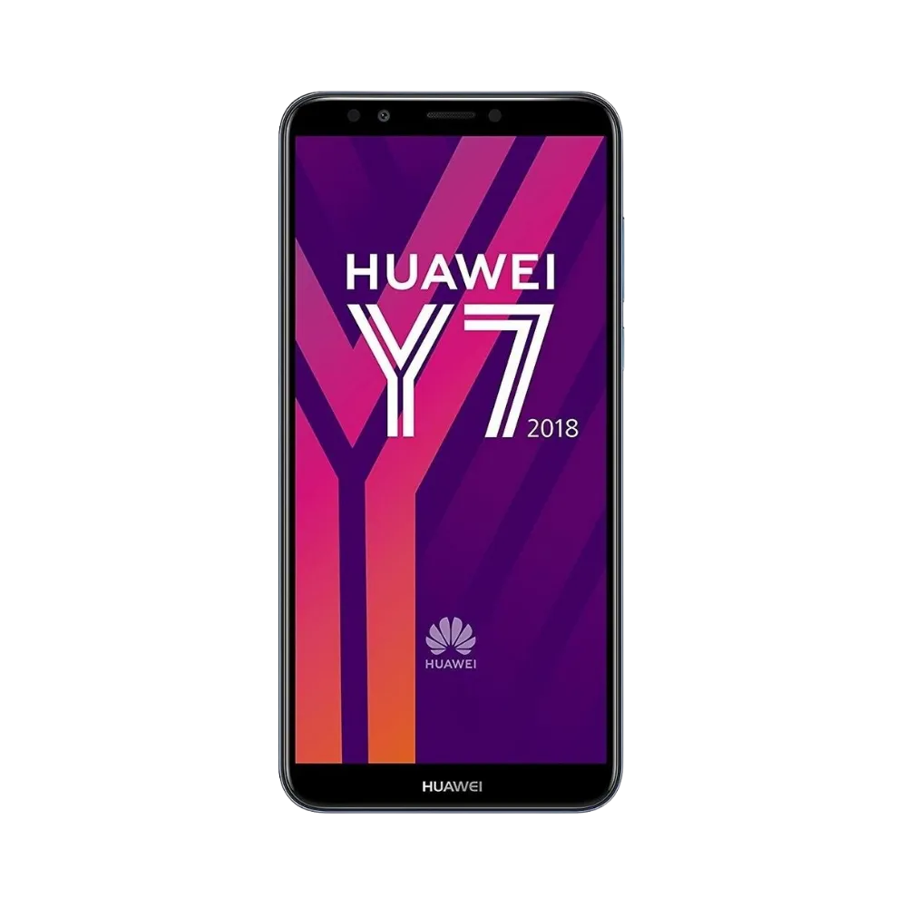 Huawei Y7 2018 bleu en position verticale, écran allumé avec logo HUAWEI Y7 sur fond violet et rouge, parfait pour illustrer réparation écran original et diagnostic gratuit chez iTelier Lyon.