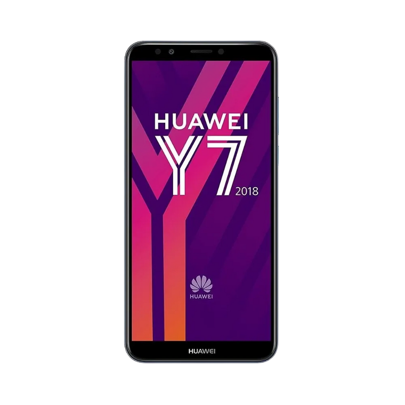 Huawei Y7 2018 bleu en position verticale, écran allumé avec logo HUAWEI Y7 sur fond violet et rouge, parfait pour illustrer réparation écran original et diagnostic gratuit chez iTelier Lyon.