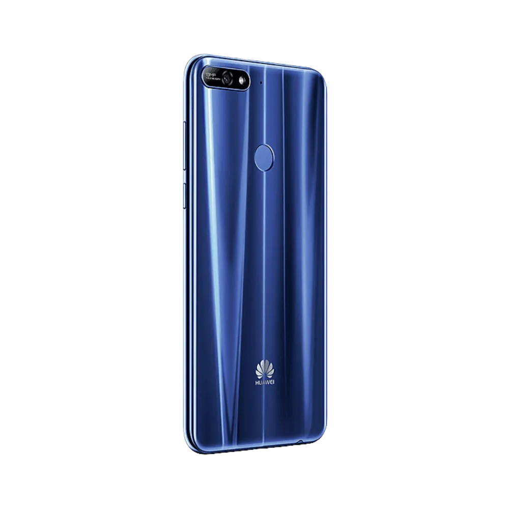 Huawei Y7 2018 bleu vu de dos en position légèrement inclinée, surface brillante et reflets visibles, parfait pour représenter réparations vitre arrière et remplacement composants caméra chez iTelier Lyon.