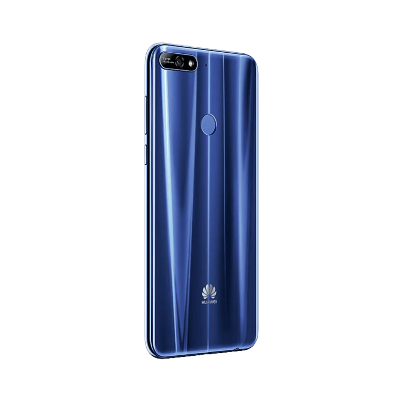 Huawei Y7 2018 bleu vu de dos en position légèrement inclinée, surface brillante et reflets visibles, parfait pour représenter réparations vitre arrière et remplacement composants caméra chez iTelier Lyon.