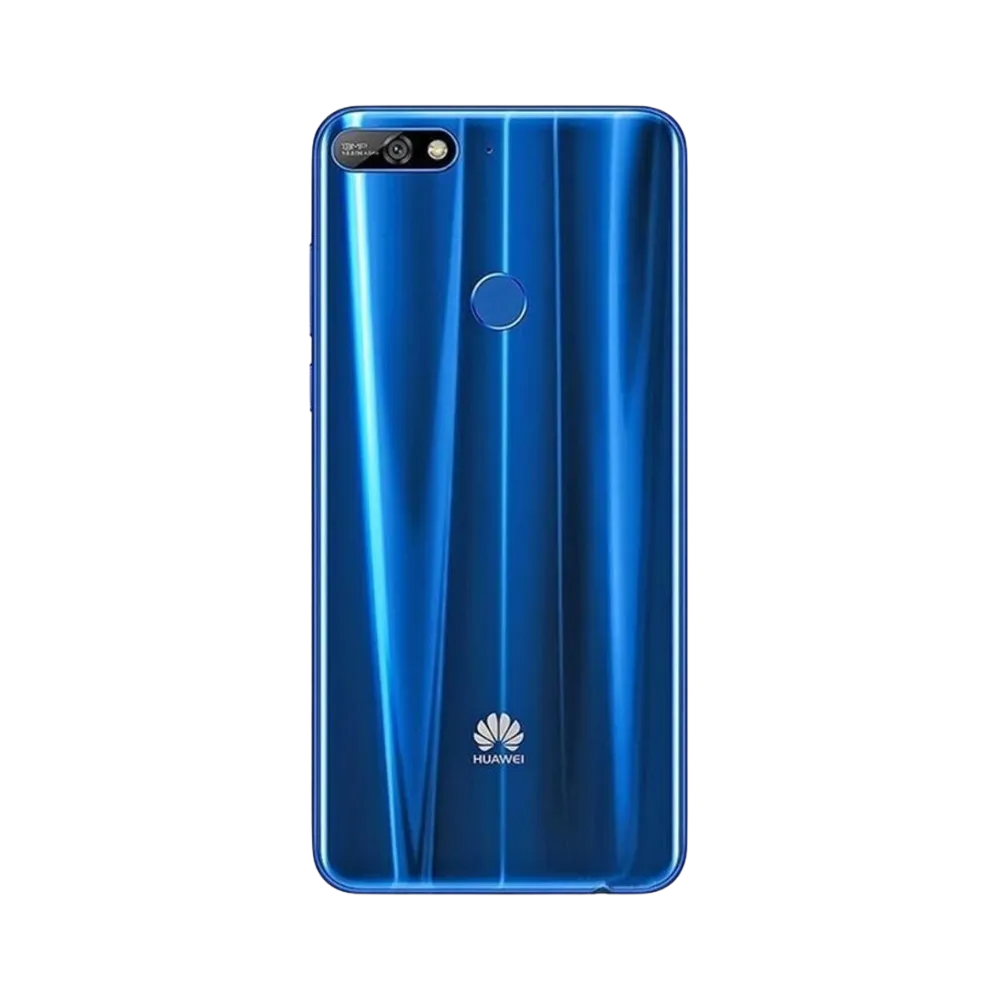 Huawei Y7 2018 bleu vu de dos en position verticale, double caméra horizontale et capteur d’empreinte circulaire visibles, image optimisée pour réparations vitre arrière et remplacement caméra chez iTelier Lyon.