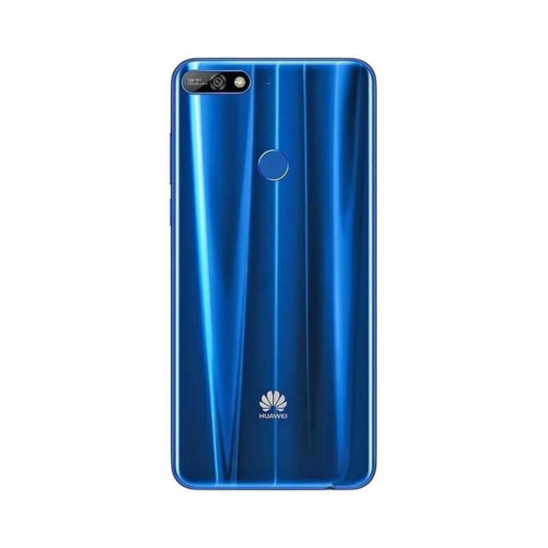 Huawei Y7 2018 bleu vu de dos en position verticale, double caméra horizontale et capteur d’empreinte circulaire visibles, image optimisée pour réparations vitre arrière et remplacement caméra chez iTelier Lyon.