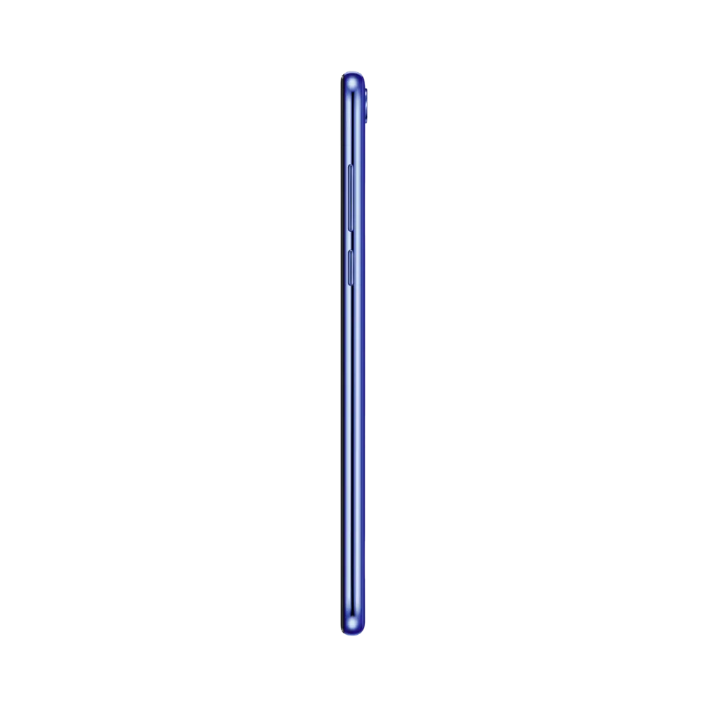 Huawei Y7 2018 bleu vu de profil en position verticale, montrant la finesse et les tranches latérales, idéal pour illustrer réparations connecteur de charge et boutons latéraux chez iTelier Lyon.