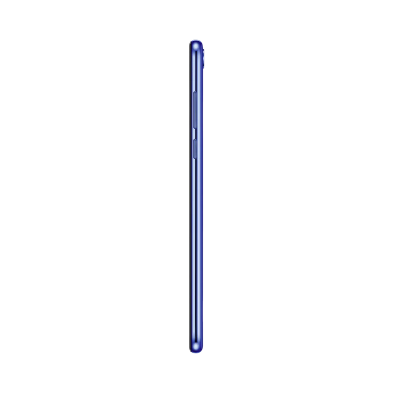 Huawei Y7 2018 bleu vu de profil en position verticale, montrant la finesse et les tranches latérales, idéal pour illustrer réparations connecteur de charge et boutons latéraux chez iTelier Lyon.