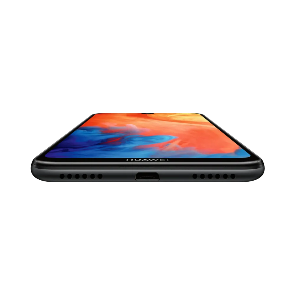 Huawei Y7 2019 noir affiché de face en position horizontale posée à plat, écran coloré orienté vers le haut, idéal pour représenter réparations écran et remplacement batterie chez iTelier Lyon.