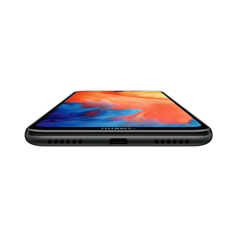 Huawei Y7 2019 noir affiché de face en position horizontale posée à plat, écran coloré orienté vers le haut, idéal pour représenter réparations écran et remplacement batterie chez iTelier Lyon.