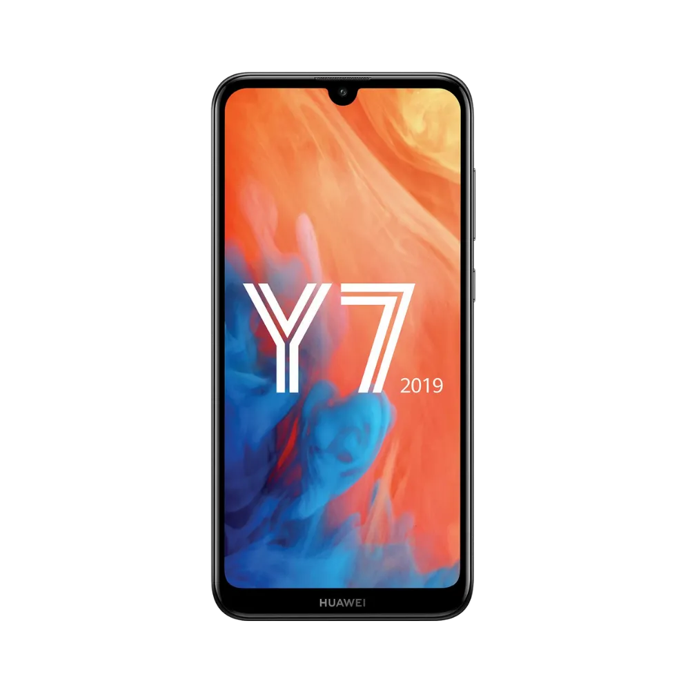 Huawei Y7 2019 noir en position verticale, écran allumé affichant le logo Y7 sur fond coloré, parfait pour illustrer réparation écran original et diagnostic gratuit chez iTelier Lyon.
