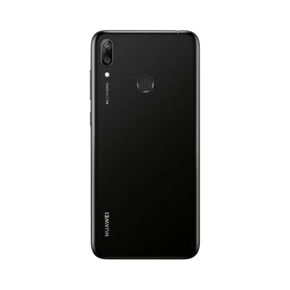 Huawei Y7 2019 noir vu de dos en position verticale, double caméra arrière et capteur d’empreinte circulaire bien visibles, image optimisée pour réparations vitre arrière et remplacement caméra chez iTelier Lyon.