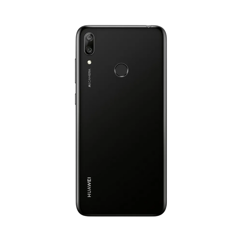 Huawei Y7 2019 noir vu de dos en position verticale, double caméra arrière et capteur d’empreinte circulaire bien visibles, image optimisée pour réparations vitre arrière et remplacement caméra chez iTelier Lyon.