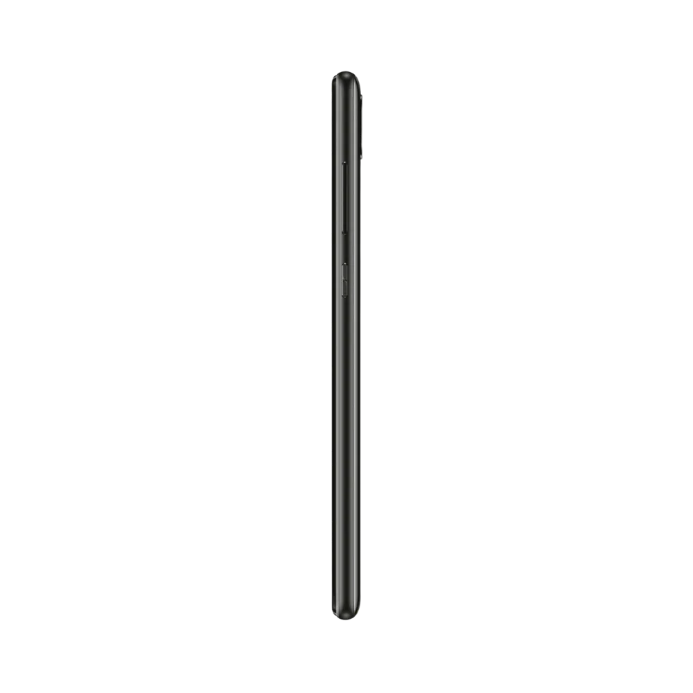Huawei Y7 2019 noir vu de profil en position verticale, montrant la finesse et les tranches latérales, parfait pour illustrer réparations boutons et connecteur de charge par iTelier Lyon.