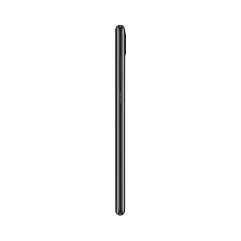 Huawei Y7 2019 noir vu de profil en position verticale, montrant la finesse et les tranches latérales, parfait pour illustrer réparations boutons et connecteur de charge par iTelier Lyon.