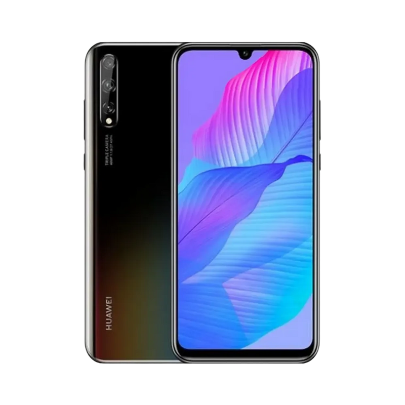 Huawei Y8p vu de face et de dos, smartphone légèrement incliné vers la gauche, écran allumé affichant un fond coloré, idéal pour représenter réparation écran et batterie chez iTelier Lyon.