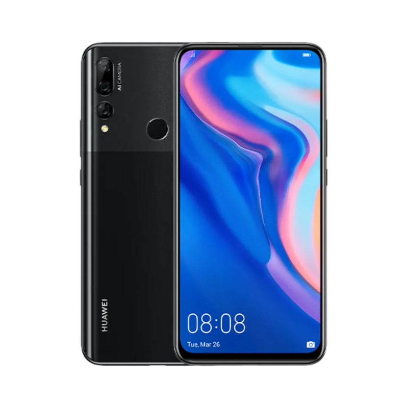 Huawei Y9 Prime 2019 affiché de face et de dos côte à côte, version noire, écran allumé en dégradé bleu et rose et triple caméra arrière visible, idéal pour réparations écran et vitre arrière chez iTelier Lyon.