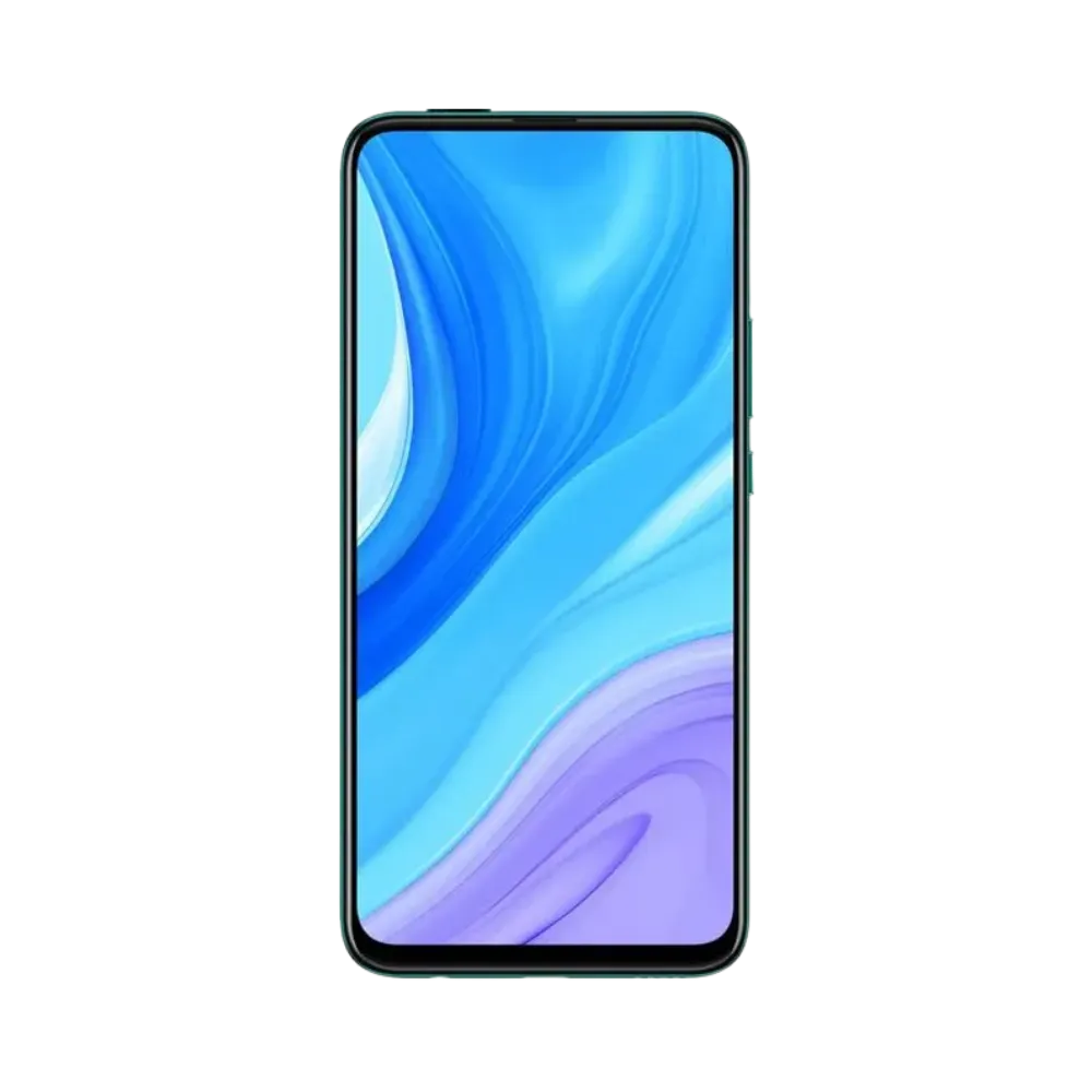 Huawei Y9 Prime 2019 noir en position verticale, écran lumineux avec fond bleu et violet, parfait pour illustrer réparation écran original et diagnostic gratuit chez iTelier Lyon.