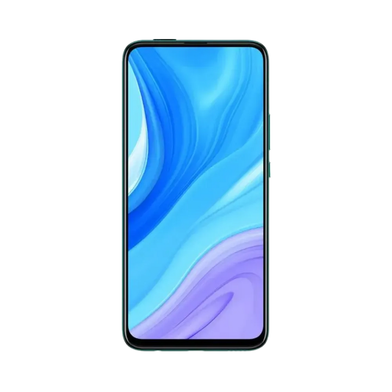 Huawei Y9 Prime 2019 noir en position verticale, écran lumineux avec fond bleu et violet, parfait pour illustrer réparation écran original et diagnostic gratuit chez iTelier Lyon.