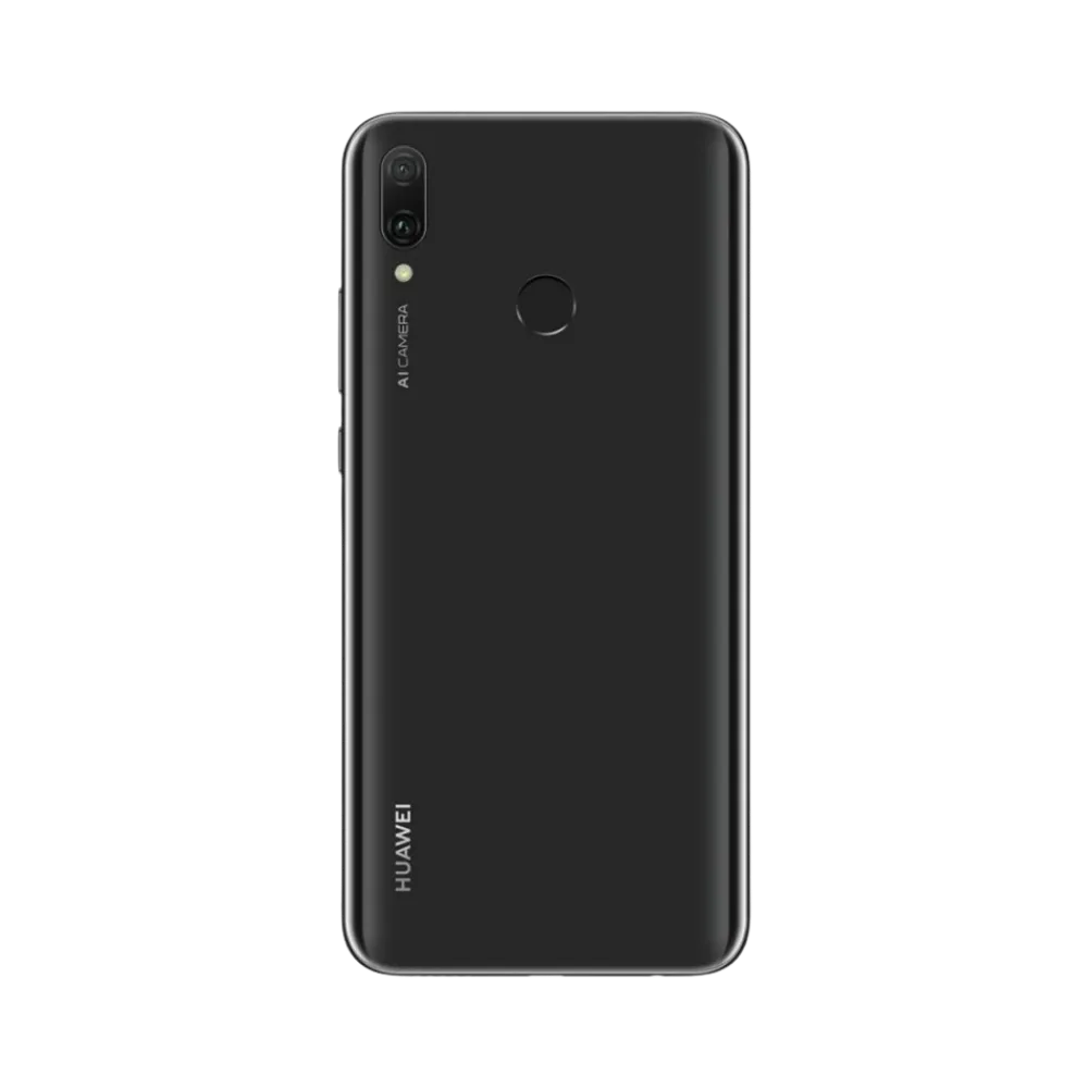 Huawei Y9 Prime 2019 noir vu de dos en position verticale, triple caméra arrière et lecteur d’empreinte visibles, image optimisée pour réparation vitre arrière et remplacement caméra chez iTelier Lyon.