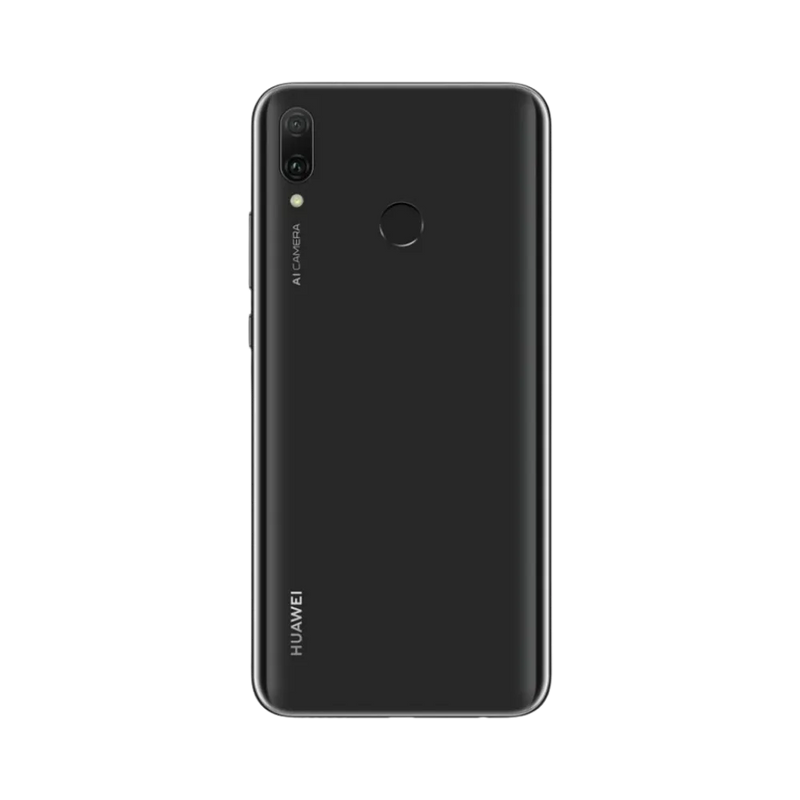 Huawei Y9 Prime 2019 noir vu de dos en position verticale, triple caméra arrière et lecteur d’empreinte visibles, image optimisée pour réparation vitre arrière et remplacement caméra chez iTelier Lyon.