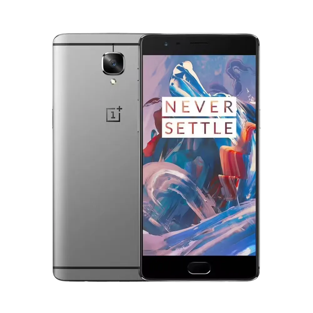 Réparation OnePlus 3 iTelier Lyon – smartphone affiché avec écran avant allumé en position verticale et dos gris métallique visible à gauche avec simple capteur photo central, optimisé pour remplacement écran, batterie et diagnostic gratuit.
