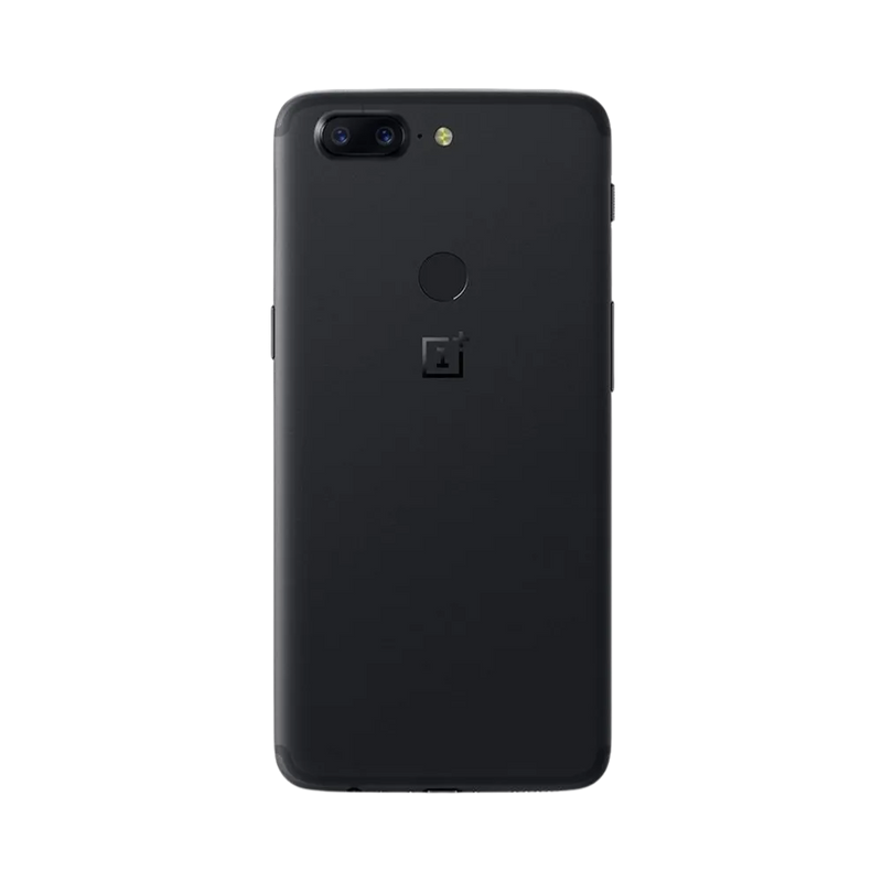 Réparation OnePlus 5T iTelier Lyon – smartphone montré de dos en position verticale, coloris noir mat avec double capteur photo horizontal et lecteur d’empreintes, optimisé pour réparation vitre arrière, caméra et batterie.