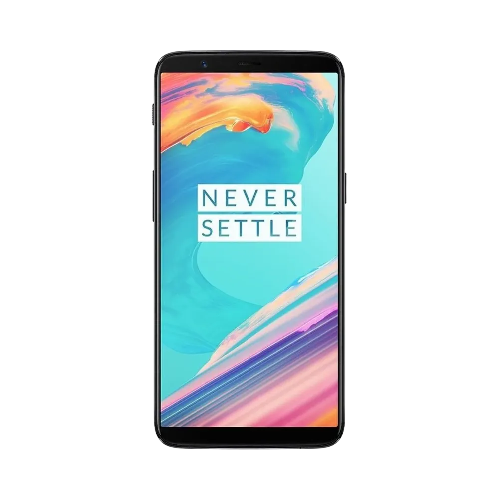 Réparation OnePlus 5T iTelier Lyon – téléphone présenté de face en position verticale, écran allumé avec fond bleu et orange marqué Never Settle, idéal pour réparation écran, diagnostic offert et changement batterie rapide.