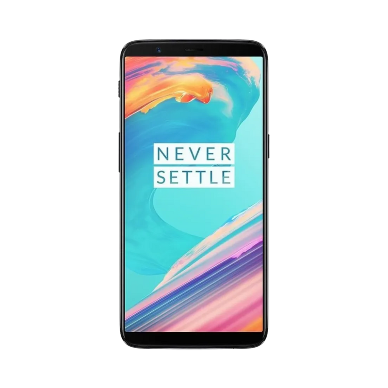 Réparation OnePlus 5T iTelier Lyon – téléphone présenté de face en position verticale, écran allumé avec fond bleu et orange marqué Never Settle, idéal pour réparation écran, diagnostic offert et changement batterie rapide.