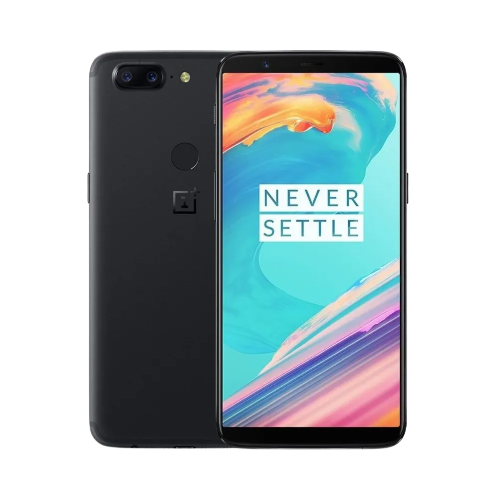 Réparation OnePlus 5T iTelier Lyon – smartphone affiché avec écran avant allumé en position verticale et dos noir mat visible à gauche avec double capteur photo horizontal, optimisé pour remplacement écran, batterie et diagnostic gratuit.