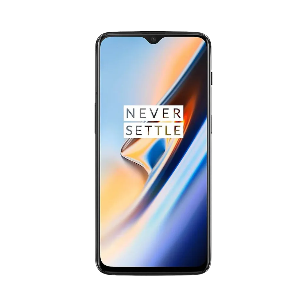 Réparation OnePlus 6T iTelier Lyon – téléphone présenté de face en position verticale, écran allumé avec fond clair marqué Never Settle, idéal pour réparation écran, diagnostic offert et changement batterie rapide.