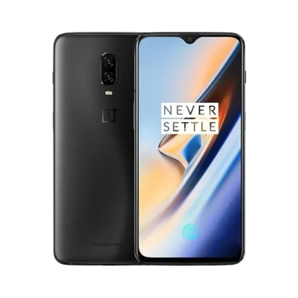 Réparation OnePlus 6T iTelier Lyon – smartphone affiché avec écran avant allumé en position verticale et dos noir mat visible à gauche avec double capteur photo vertical, optimisé pour remplacement écran, batterie et diagnostic gratuit.