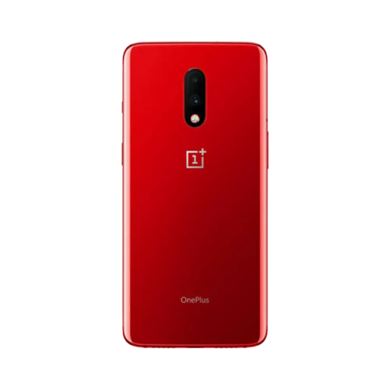 Réparation OnePlus 7 iTelier Lyon – smartphone montré de dos en position verticale, coloris rouge brillant avec double capteur photo vertical et flash LED, optimisé pour réparation vitre arrière, caméra et batterie.