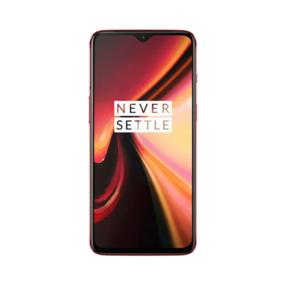 Réparation OnePlus 7 iTelier Lyon – téléphone présenté de face en position verticale, écran allumé avec fond rouge et orange marqué Never Settle, idéal pour réparation écran, diagnostic offert et changement batterie rapide.