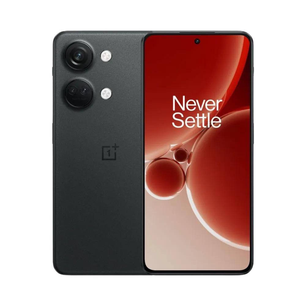 Réparation OnePlus Nord 3 iTelier Lyon – smartphone affiché avec écran avant allumé en position verticale et dos noir mat visible à gauche avec triple capteur photo vertical, optimisé pour remplacement écran, batterie et diagnostic gratuit.