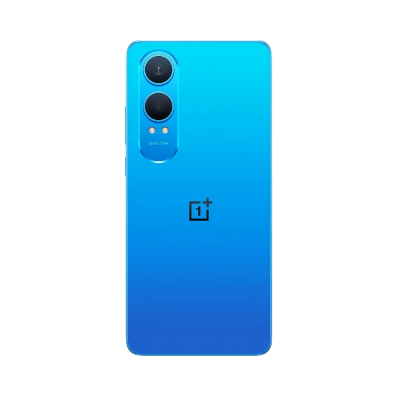 Réparation OnePlus Nord CE 4 Lite iTelier Lyon – smartphone montré de dos en position verticale, coloris bleu dégradé avec double capteur photo vertical, optimisé pour réparation vitre arrière, caméra et batterie.