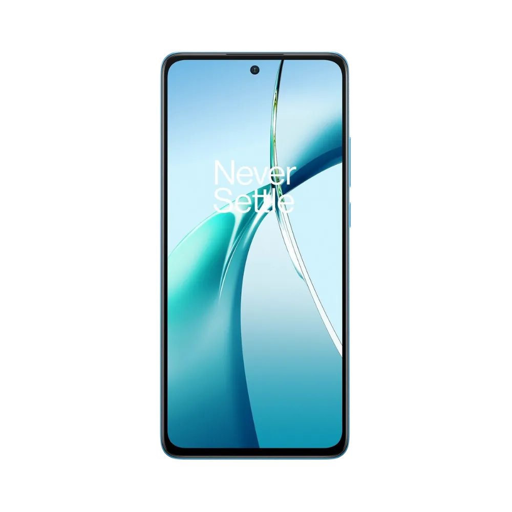Réparation OnePlus Nord CE 4 Lite iTelier Lyon – téléphone présenté de face en position verticale, écran allumé avec fond clair et bleu marqué Never Settle, idéal pour réparation écran, diagnostic offert et changement batterie rapide.