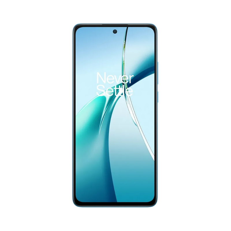 Réparation OnePlus Nord CE 4 Lite iTelier Lyon – téléphone présenté de face en position verticale, écran allumé avec fond clair et bleu marqué Never Settle, idéal pour réparation écran, diagnostic offert et changement batterie rapide.