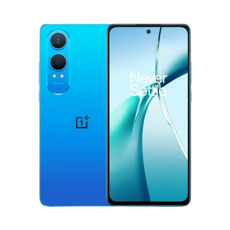 Réparation OnePlus Nord CE 4 Lite iTelier Lyon – smartphone affiché avec écran avant allumé en position verticale et dos bleu dégradé visible à gauche avec double capteur photo vertical, optimisé pour remplacement écran, batterie et diagnostic gratuit.