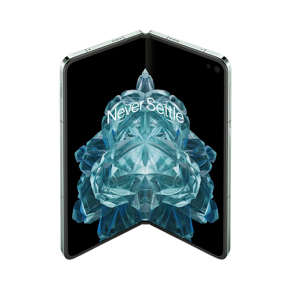 Réparation OnePlus Open iTelier Lyon – smartphone pliable affiché en position ouverte, grand écran interne allumé avec fond sombre, adapté aux réparations écran pliable, batterie et diagnostic complet.