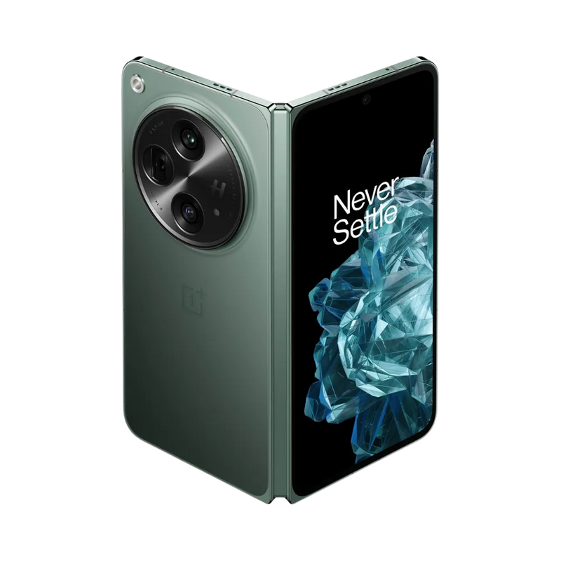 Réparation OnePlus Open iTelier Lyon – smartphone pliable affiché avec écran avant allumé en position verticale et dos vert avec grand module photo circulaire, optimisé pour remplacement écran, batterie et diagnostic gratuit.