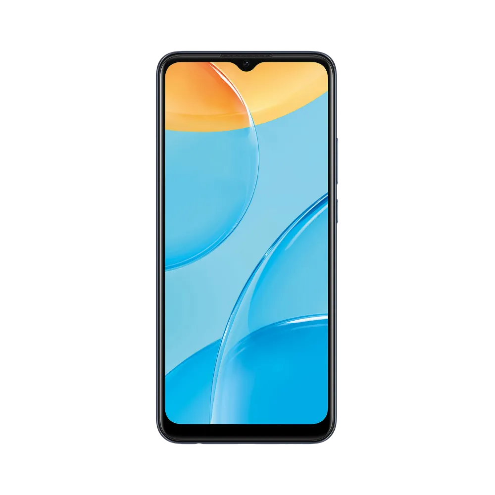 Oppo A15 affiché en vue frontale avec écran allumé sur fond bleu et orange. Illustration iTelier Lyon pour réparation écran cassé, vitre tactile, diagnostic offert et service rapide garanti.