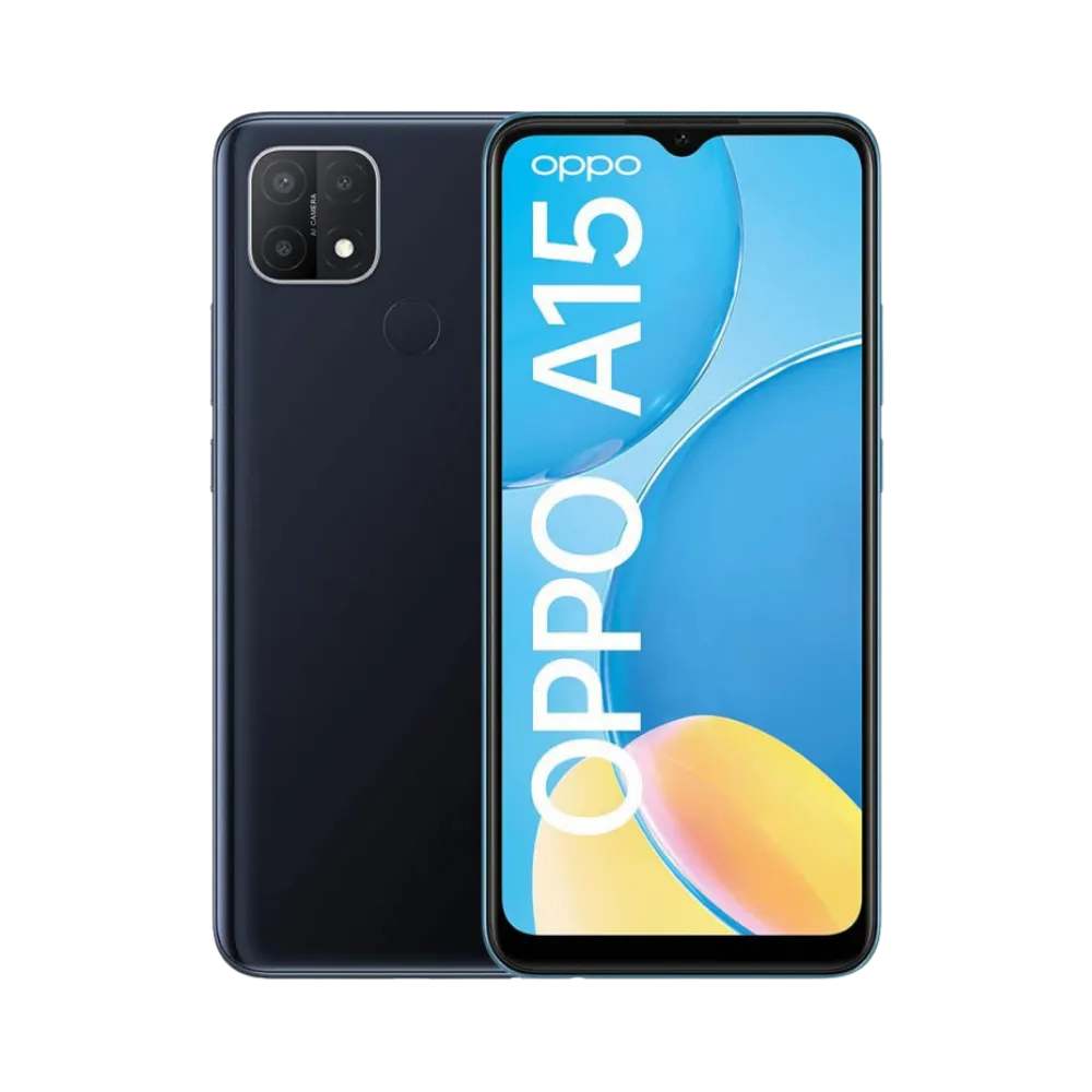 Photo Oppo A15 en vue avant avec écran allumé et arrière noir visible, angle trois quarts. Image optimisée iTelier Lyon pour réparation écran fissuré, batterie, diagnostic gratuit et pièces garanties.