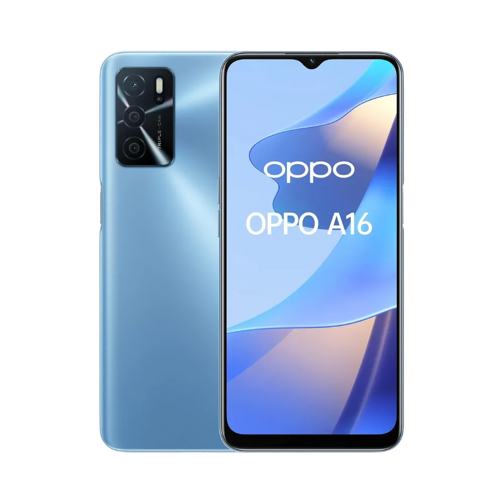 Photo Oppo A16 en vue avant avec écran allumé et arrière bleu visible, angle trois quarts. Image optimisée iTelier Lyon pour réparation écran fissuré, batterie, diagnostic gratuit et pièces garanties.