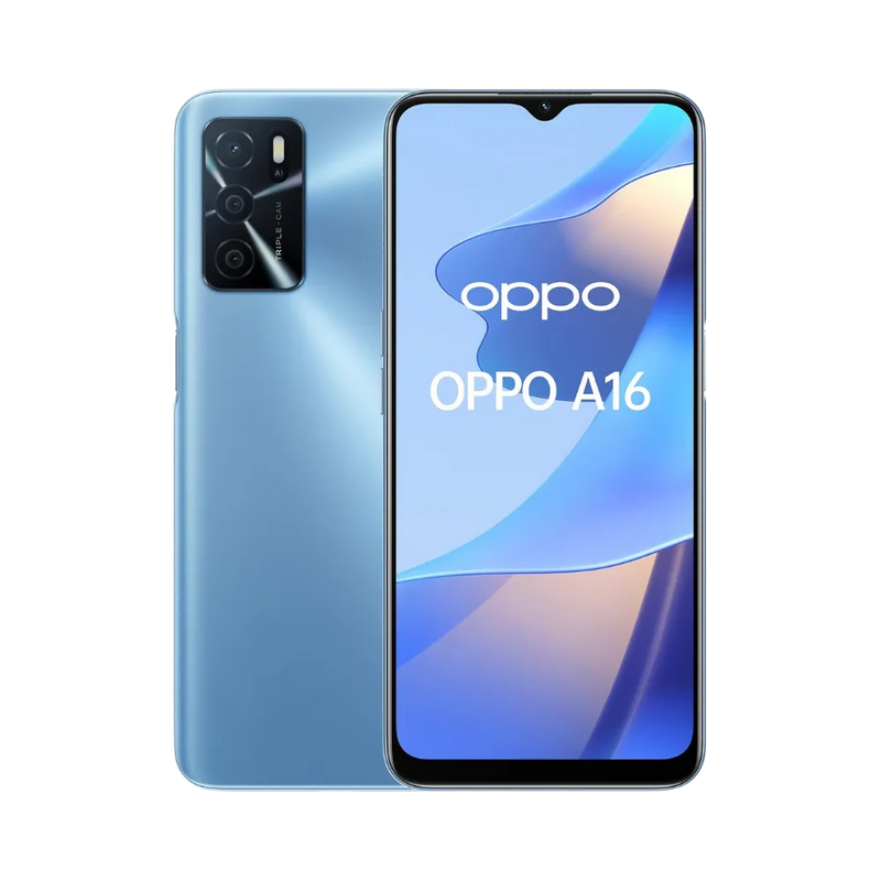 Photo Oppo A16 en vue avant avec écran allumé et arrière bleu visible, angle trois quarts. Image optimisée iTelier Lyon pour réparation écran fissuré, batterie, diagnostic gratuit et pièces garanties.