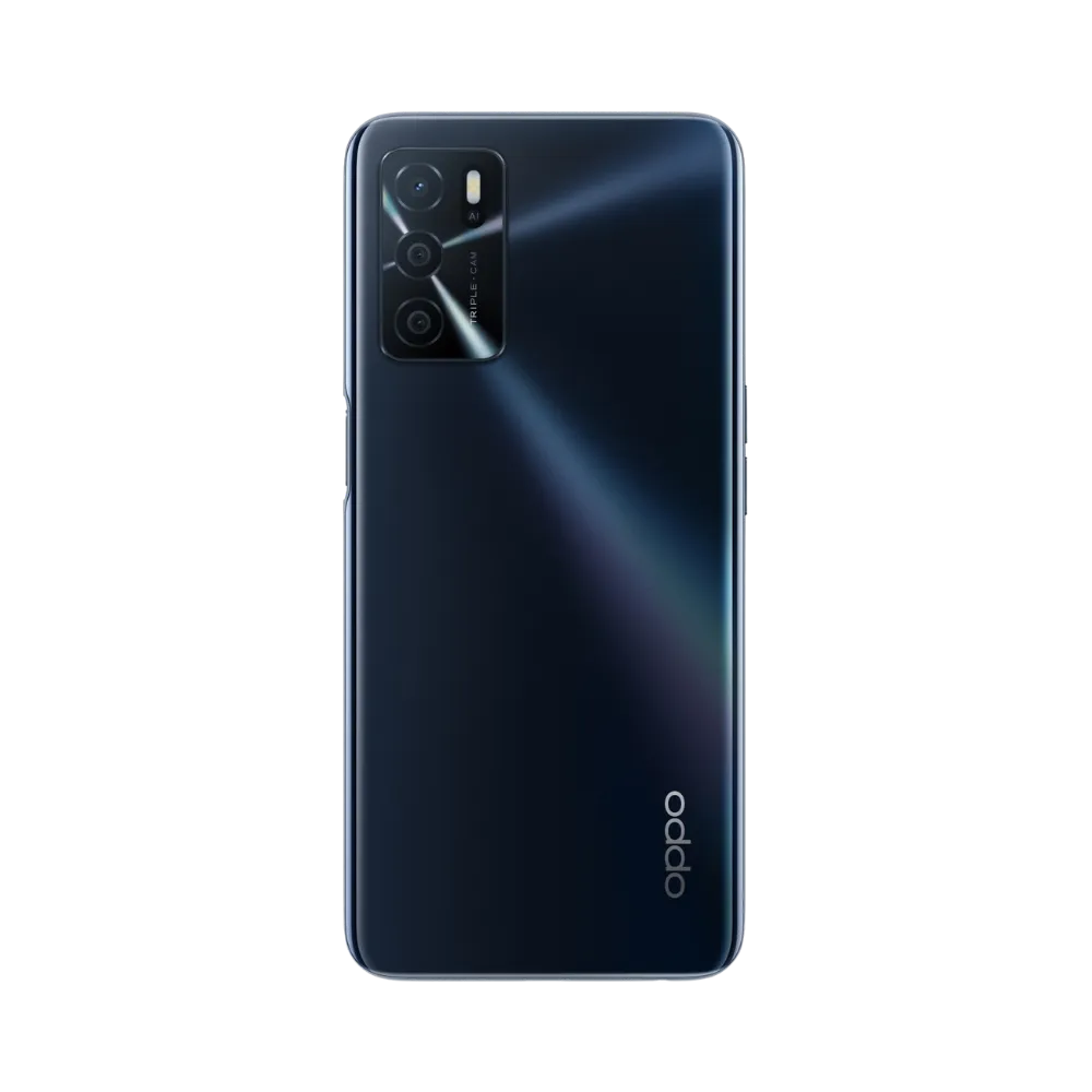 Smartphone Oppo A16s en vue arrière couleur bleu foncé, module photo rectangulaire noir bien visible en haut à gauche. Photo iTelier Lyon pour réparation vitre arrière, batterie et diagnostic gratuit.