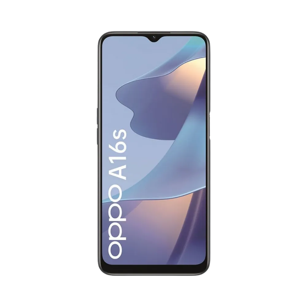 Oppo A16s affiché en vue frontale avec écran allumé sur fond bleu clair et beige. Illustration iTelier Lyon pour réparation écran cassé, vitre tactile, diagnostic offert et service rapide garanti.